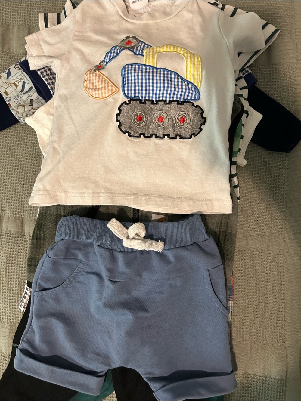 Kids White Excavator Tee with Blue Shorts - Brand Unspecified